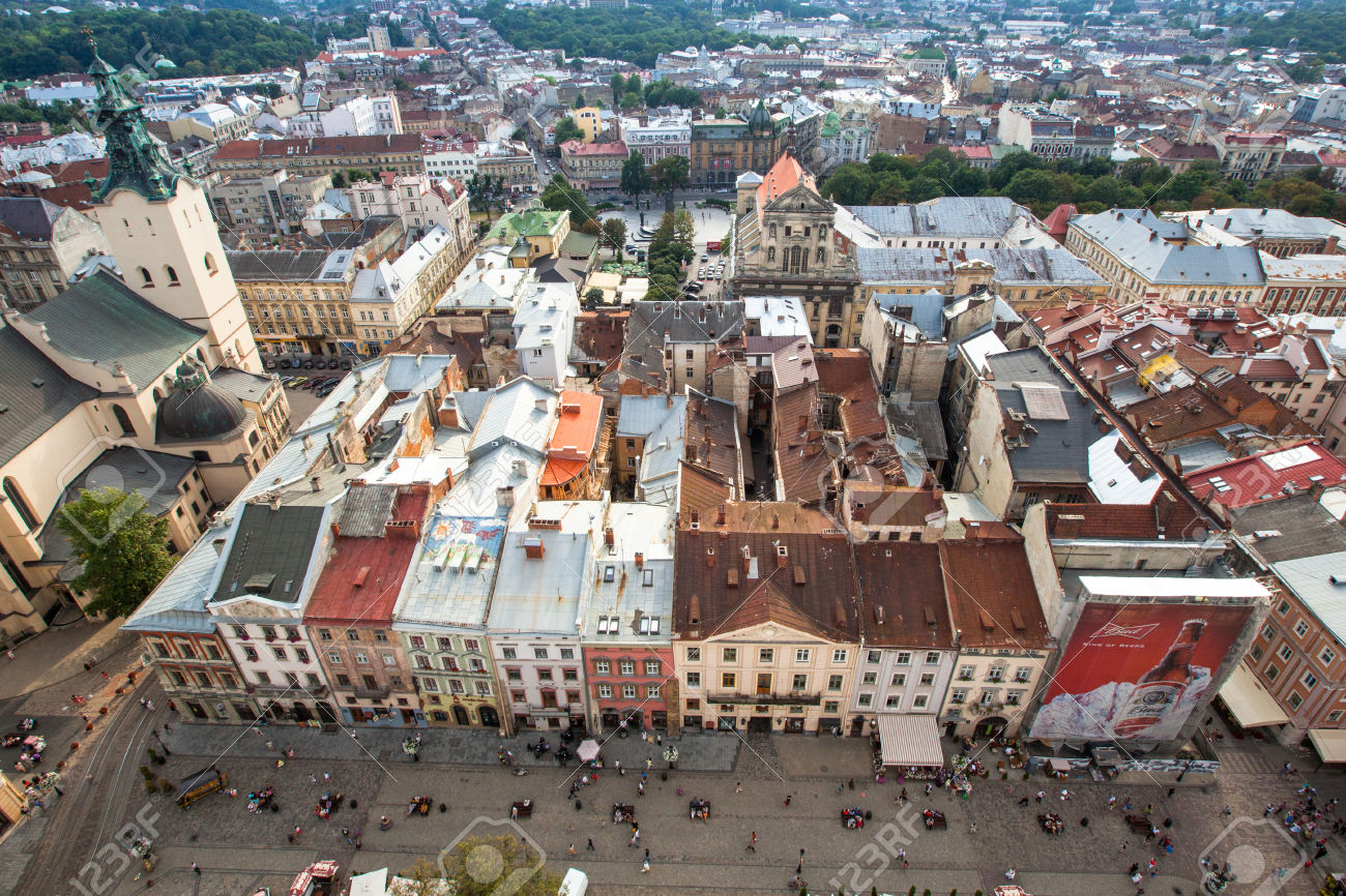 Top view from Lviv City Hall - building city administration of the city currently open the view point for tourists