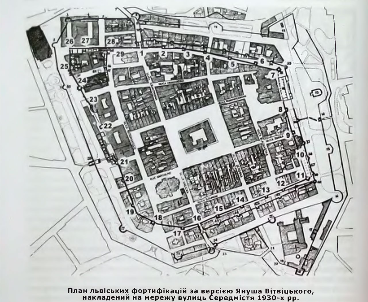 План львівських фортифікацій за версією Януша Вітвіцького, накладений на мережу вулиць Середмістя 1930-х років.
