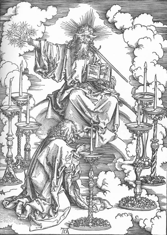 Альбрехт Дюрер: Одкровення святого Іоанна: Бачення 2. Христа і семи Свічників гравюра на дереві,1497-98 Художній музей. Карлсруе. Німеччина