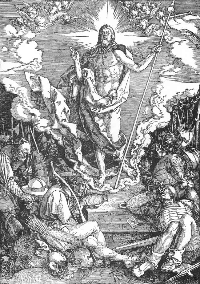 Альбрехт Дюрер : “Воскресіння Ісуса Христа” гравюра на дереві 1510 – Музей графічного мистецтва Альбертіна, Відень