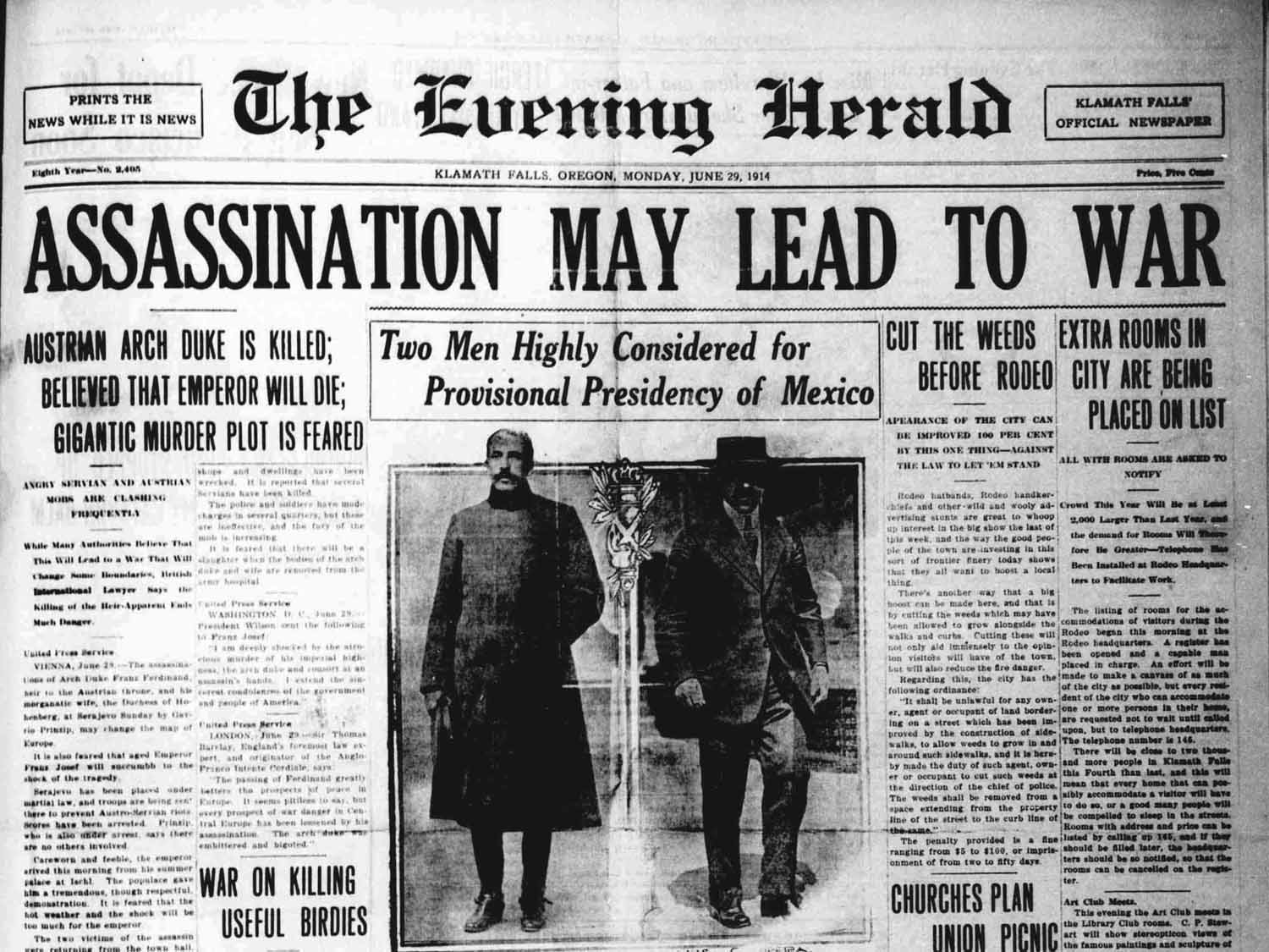 перша шпальта газети The Evening Herald, за 29 червня 1914р., регіональної газети в Америці, що видавалась з 1906 до 1942