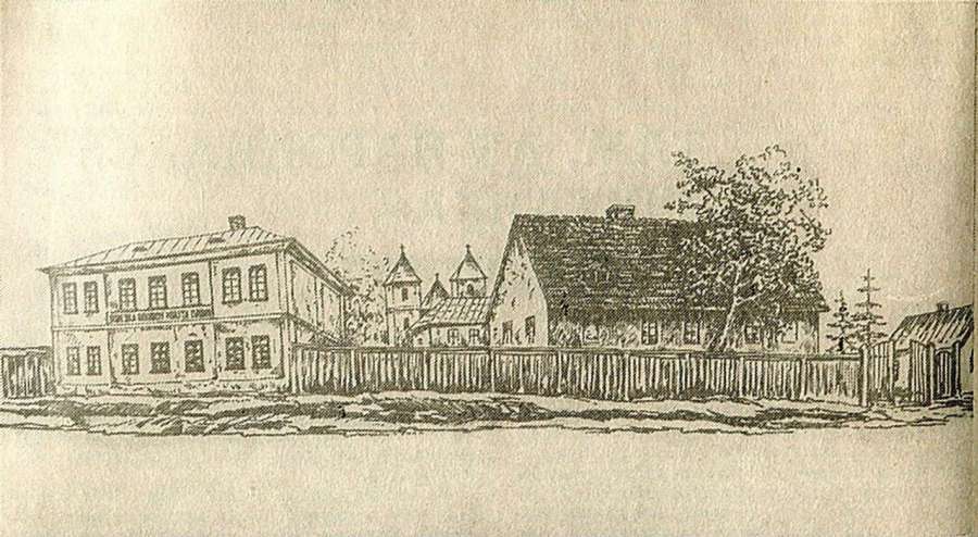 Будівлі притулку для убогих святого Лазаря з нинішньої вулиці Колесси. Рисунок Францішека Ковалишина початку ХХ століття.