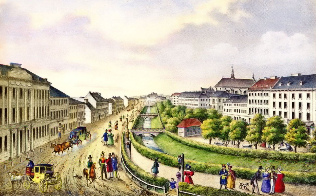 Літографія К.Ауера на котрій зображено вигляд проспекту Свободи в першій половині XIX ст.